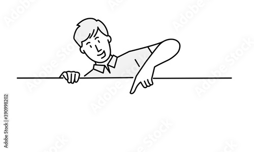Man pointing at a blank board. Hand drawn vector illustration.