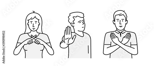 Hand drawn vector illustration of people show negative gestures.