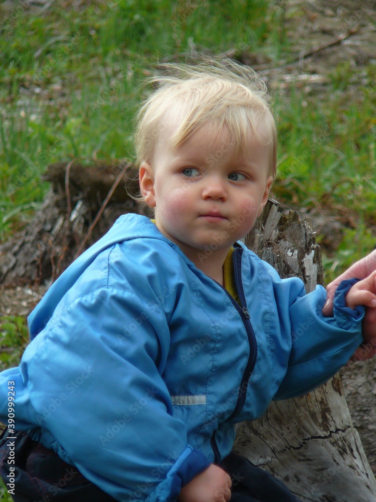 The child with light blue jacket is watching on the meadow by the stump The child with light blue jacket is watching on the meadow by the stump