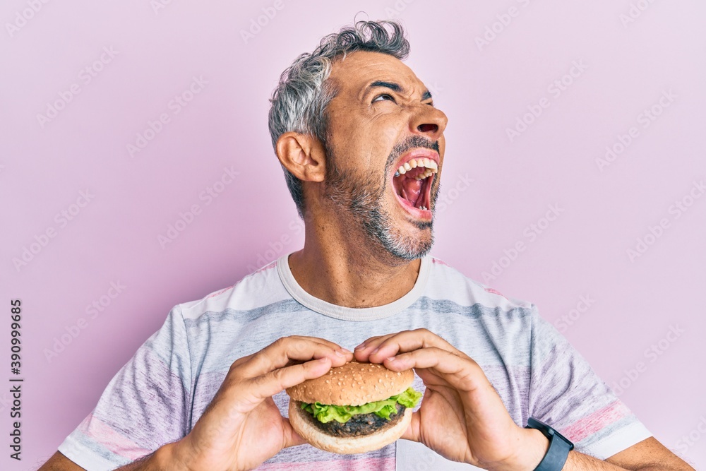 Middle age grey-haired man eating a tasty classic burger angry and mad screaming frustrated and furious, shouting with anger looking up. Middle age grey-haired man eating a tasty classic burger angry and mad screaming frustrated and furious, shouting with anger looking up.