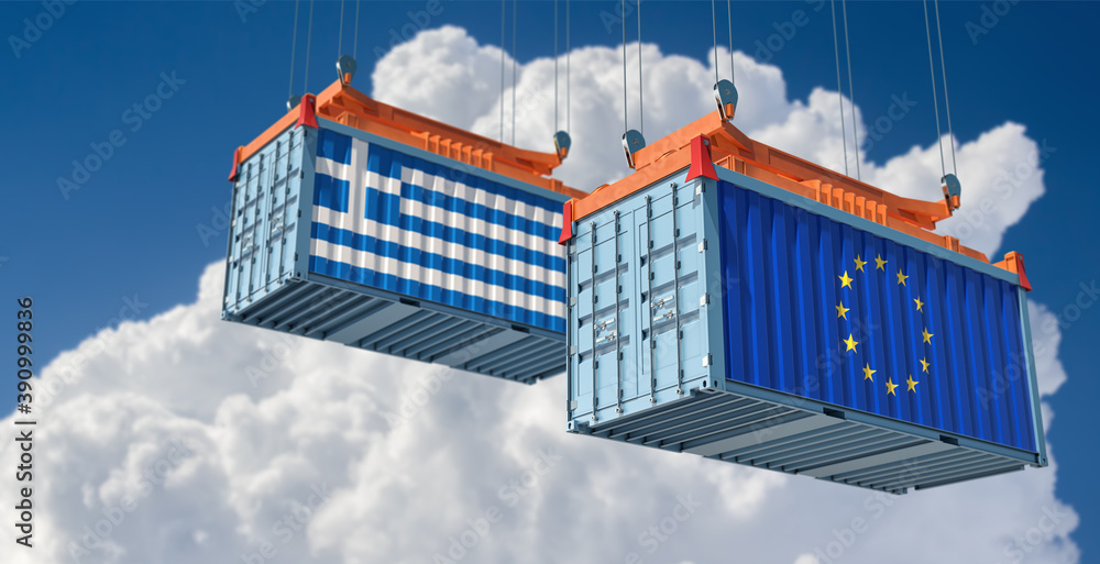 Freight containers with European Union and Greece flag. 3D Rendering 
