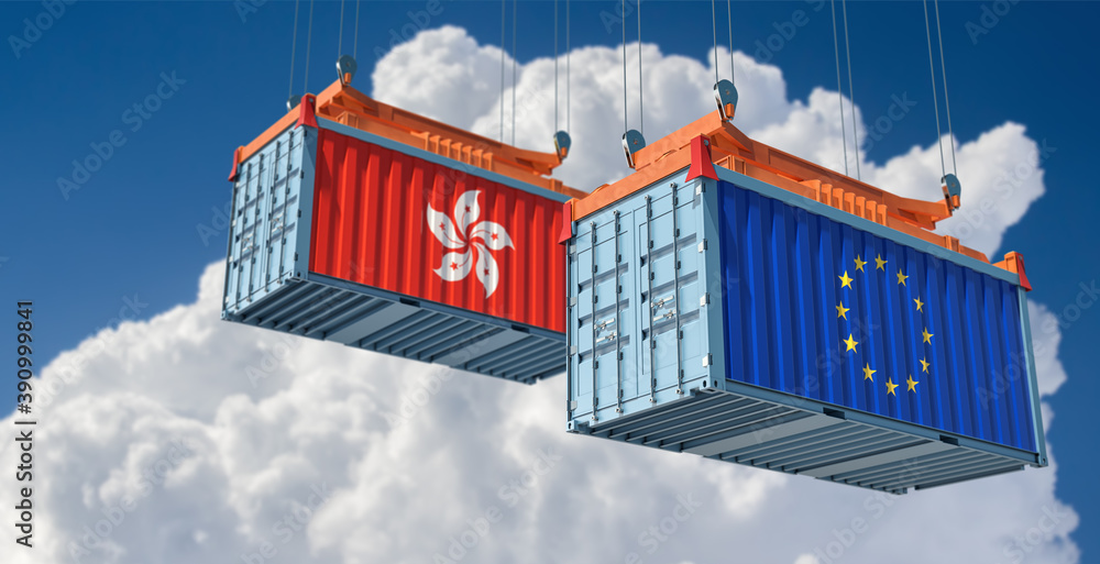 Freight containers with European Union and Hong Kong flag. 3D Rendering 