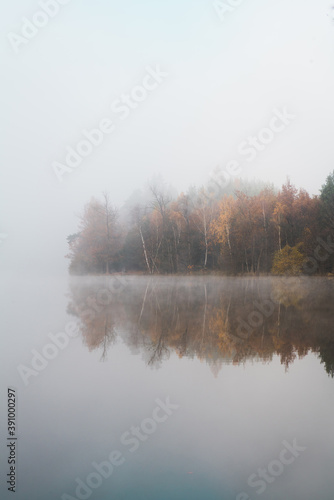 early morning view at the empty pond with the forest in the background hidden in the autumn fog and the reflection on the calm surface