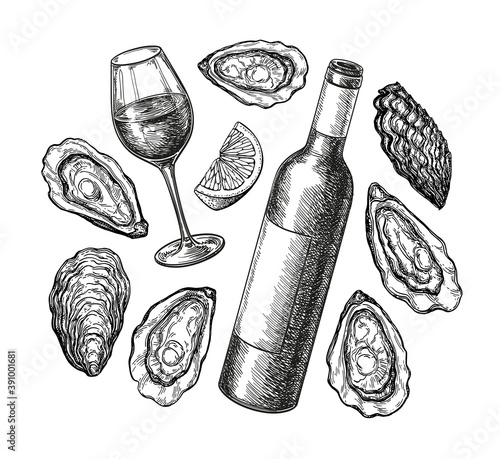 Ink sketch of wine and oysters.