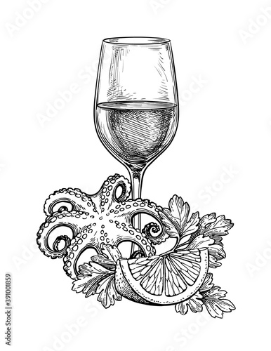 Ink sketch of wineglass and seafood.