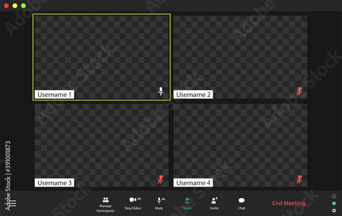 Template video conference user interface, video conference calls window overlay. Four users.