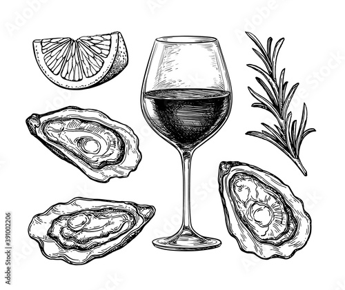 Ink sketch of wineglass and oysters.