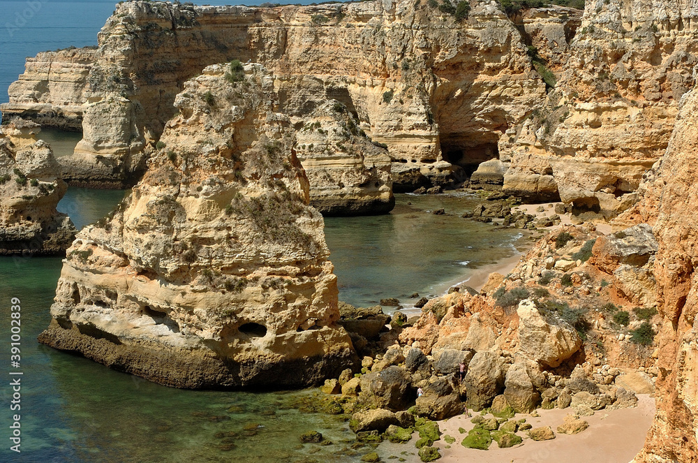 Typical, rocky sandstone rocks on the Algarve coast in Portugal
