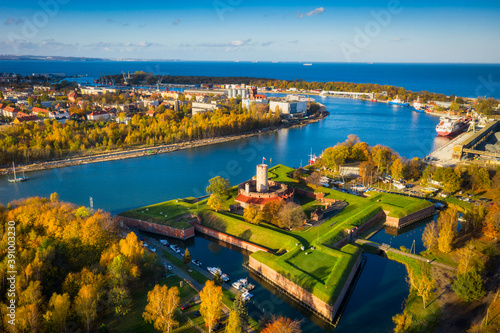 Aerial landscape of the Wisloujscie fortress in autumnal scenery, Gdansk. Poland.