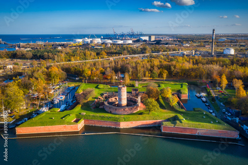 Aerial landscape of the Wisloujscie fortress in autumnal scenery, Gdansk. Poland. photo