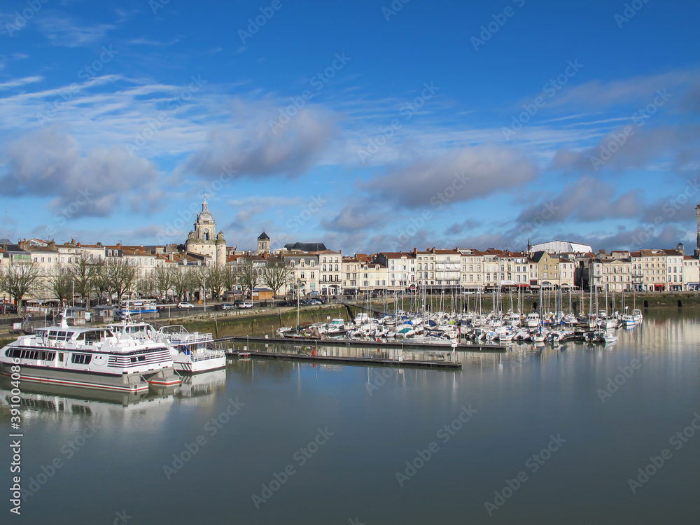La Rochelle, Charente Maritime, France. Cityscape of La Rochelle on sunny day. Famous for its fort and harbor.French city and seaport located on the Bay of Biscay, a part of the Atlantic Ocean
