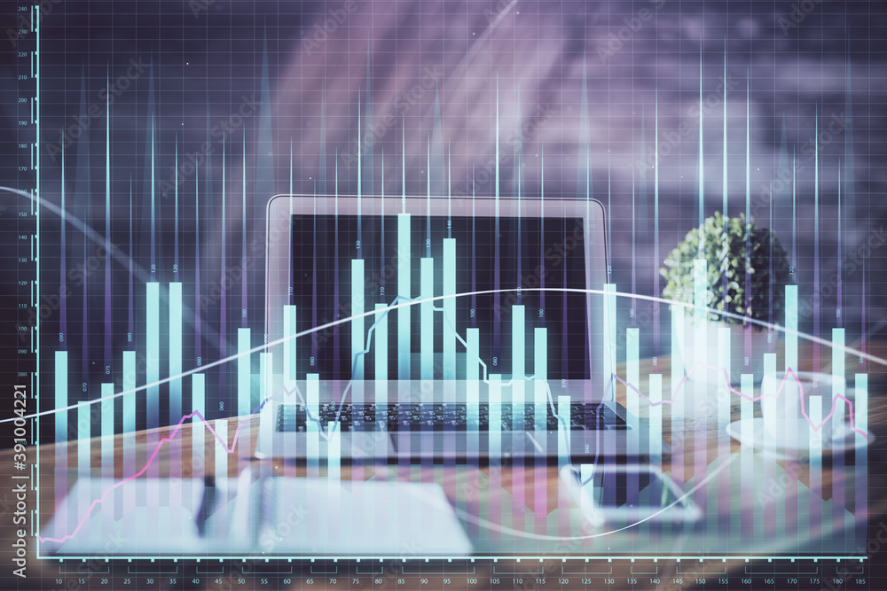 Financial market graph hologram and personal computer on background. Double exposure. Concept of forex. Financial market graph hologram and personal computer on background. Double exposure. Concept of forex.