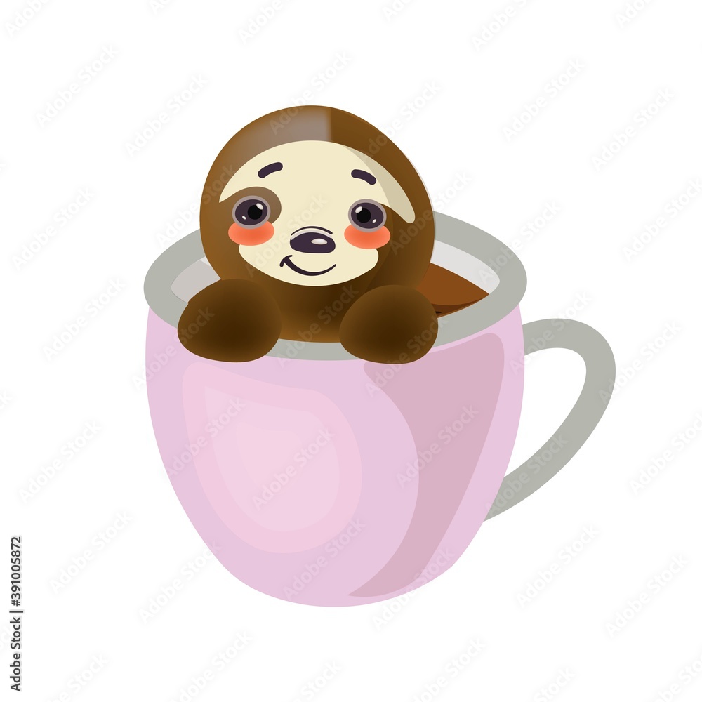 Fototapeta premium Cute good natured sloth peeking out of a cup of coffee. Vector isolated illustration on white background.