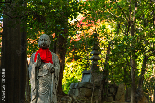 日本 京都、桂春院の地蔵菩薩と紅葉