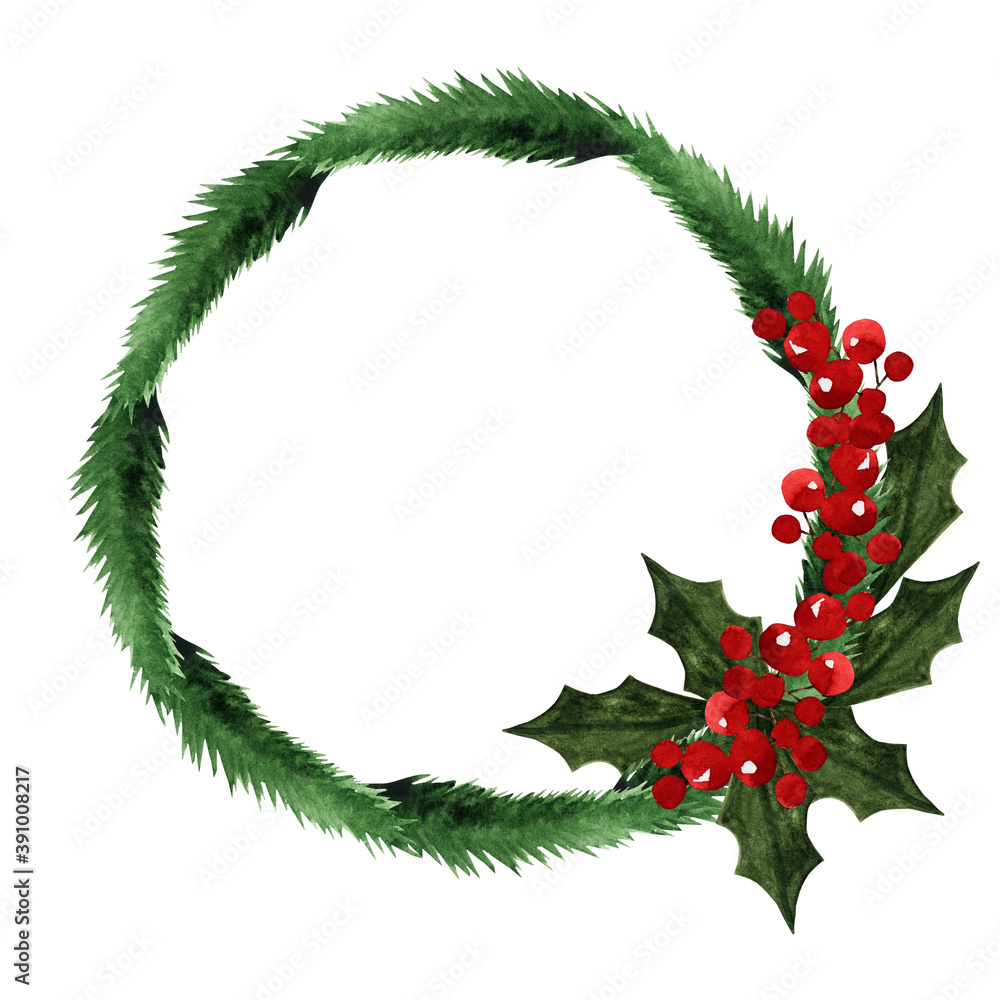 Beautiful drawing of Christmas wreath. Close-up, no people. Watercolor paint. View from above. Congratulations for family, relatives, friends and colleagues Beautiful drawing of Christmas wreath. Close-up, no people. Watercolor paint. View from above. Congratulations for family, relatives, friends and colleagues
