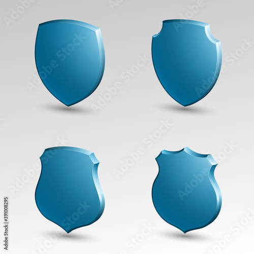 Four Protection shield concept. Safety badge icon. Privacy banner. Security label. Defense tag. Presentation sticker shape. Defense sign. illustration
