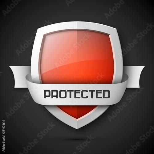 Protected ribbon shield concept with banner. Safety badge icon. Privacy banner tape. Security band protected label. Defense tag. Presentation sticker shape. Defense sign illustration