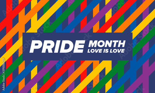 LGBT Pride Month in June. Lesbian Gay Bisexual Transgender. Celebrated annual. LGBT flag. Rainbow love concept. Human rights and tolerance. Poster, card, banner and background. Vector illustration