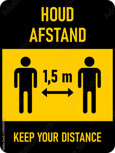 Houd afstand ("Keep Your Distance in Spanish) 1,5 m or 1,5 Meters Vertical Bilingual Dutch-English Social Distancing Icon with an Aspect Ratio of 3:4. Vector Image.