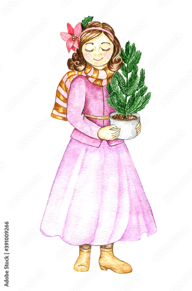 Watercolor girl with Christmas tree.Vintage illustration.New Year greeting card.