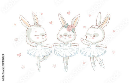 3 Sweet ballerina bunnys illustration vector. White dancing rabbits illuatration. Can be used for t-shirt print, kids wear fashion design, baby shower invitation card
