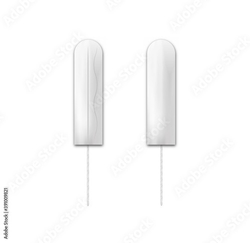 Realistic woman tampon. Feminine hygiene products. Protection for woman in critical days. Woman menstrual care. Stock vector illustration on white isolated background.