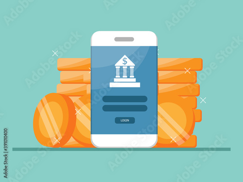 mobile banking, mobile with stack of coins
