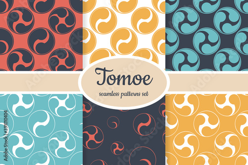 Collection of seamless patterns with japanese symbol Tomoe designed for web, fabric, paper and all prints 