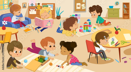 Kids playing with bricks and educational games in kindergarten room. Kids play together in kindergarden. Poster with the place for your text. Playroom with children