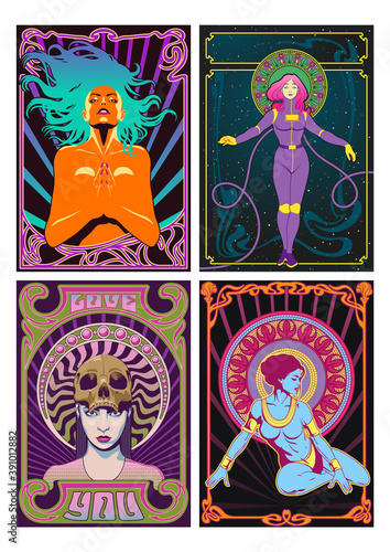 Sexy Beauties Psychedelic Art Posters, Art Nouveau Frames