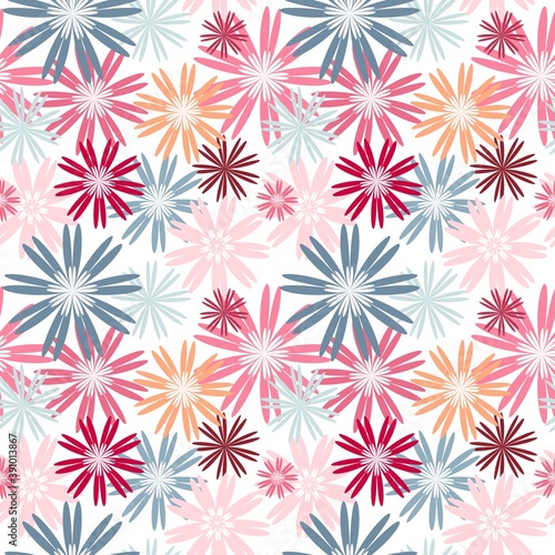 Summer seamless print of multicolored flowers. Geometric small and large flowers. Blue, pink, Burgundy, orange pastel colors. Decoration for Wallpaper, paper. Can be used for fabric design