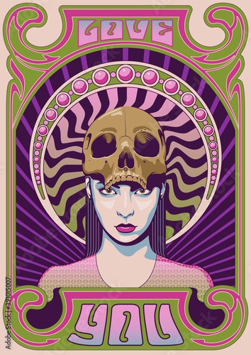 Beauty and Skull Psychedelic Poster Vintage Rock Album Covers Style Illustration, Art Nouveau Frame, Psychedelic Colors