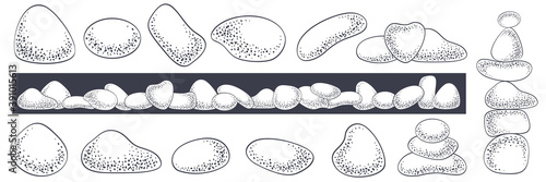 Pebbles stones vector set: sea or river pebbles, different shapes, pyramid, isolated on white background. Black outline and dots texture, hand drawn sketch. Nature design, undersea, spa illustration.