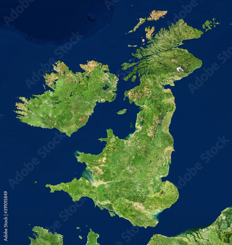 UK map in satellite photo, England terrain view from space. Elements of image furnished by NASA. 