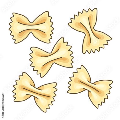 Farfalle. Bow-tie pasta. Vector illustration of Italian pasta on white background. Pasta shapes and types. 