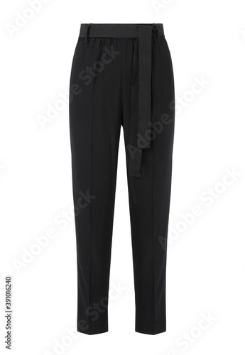 Black women's classic trousers with belt. Front view