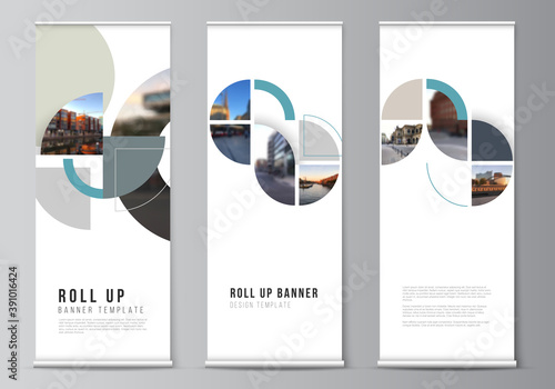 Vector layout of roll up mockup design templates for vertical flyers, flags design templates, banner stands. Background with abstract circle round banners. Corporate business concept template.