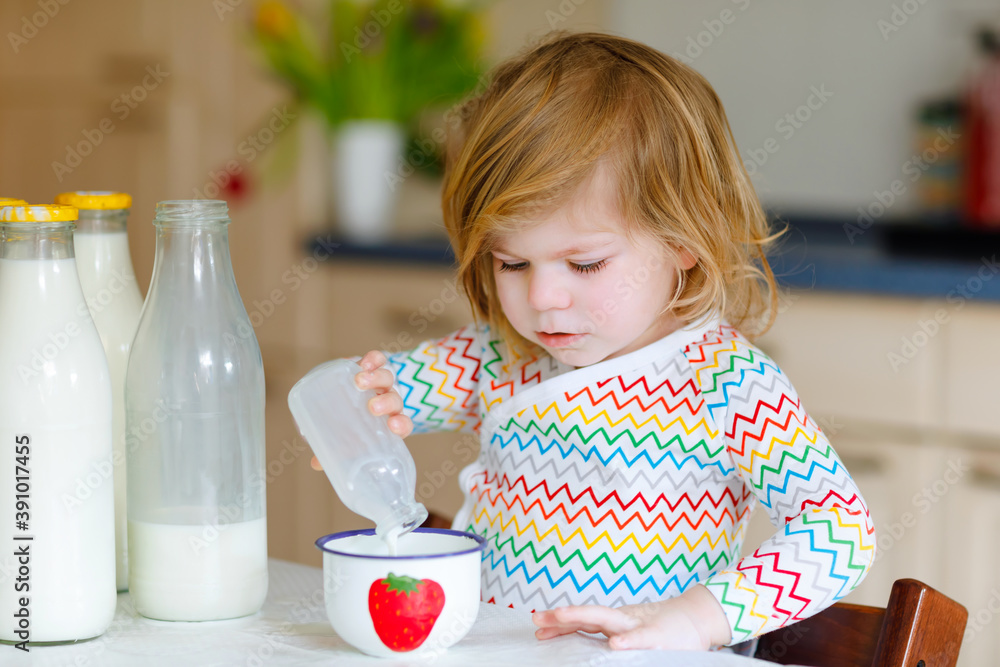 Adorable toddler girl drinking cow milk for breakfast. Cute baby daughter with lots of bottles. Healthy child having milk as health calcium source. Kid at home or nursery in the morning. Adorable toddler girl drinking cow milk for breakfast. Cute baby daughter with lots of bottles. Healthy child having milk as health calcium source. Kid at home or nursery in the morning.