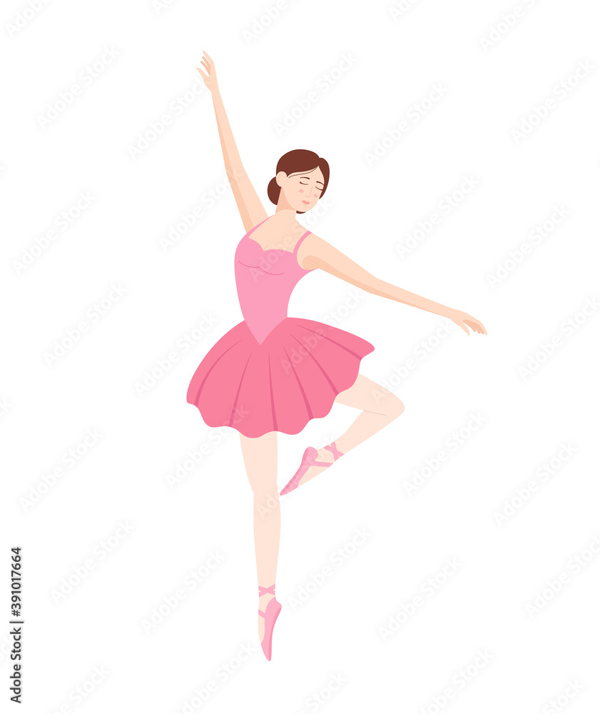 Dancing ballerina in pink tutu on white background, vector illustration