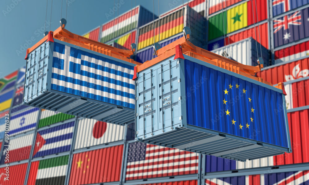 Freight containers with European Union and Greece flag. 3D Rendering 