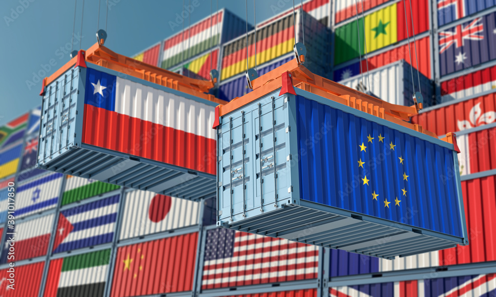 Freight containers with European Union and Chile flag. 3D Rendering 