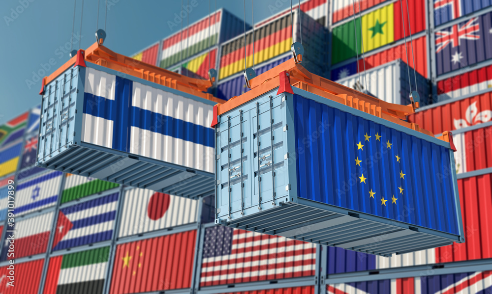 Freight containers with European Union and Finland flag. 3D Rendering 