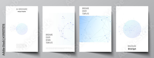 Vector layout of A4 format cover mockups templates for brochure, flyer layout, booklet, cover design, book design, brochure cover. Blue medical background with connecting lines and dots, plexus