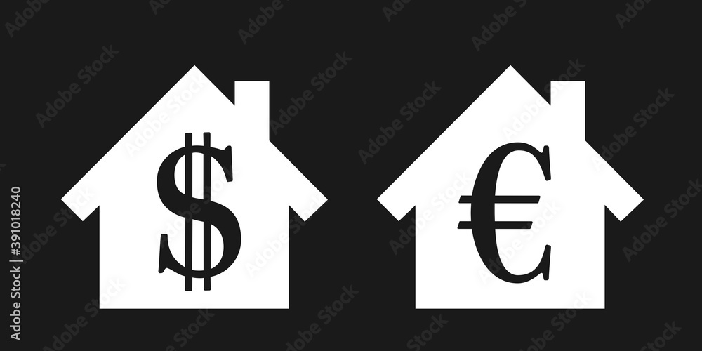 Family house and residential building with symbol of US dollar and Euro. Buying, purchase and selling of architecture. Finance and real estate property. Vector illustration. Family house and residential building with symbol of US dollar and Euro. Buying, purchase and selling of architecture. Finance and real estate property. Vector illustration.