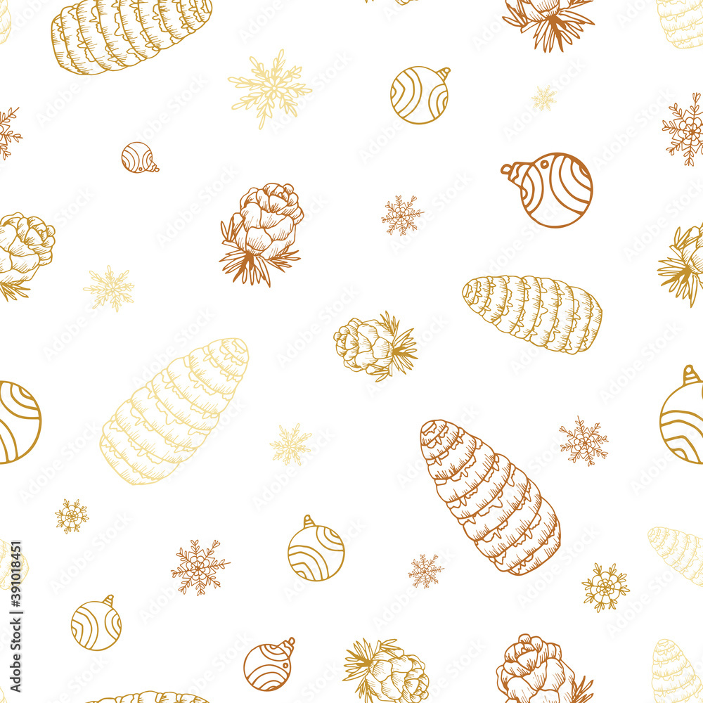Seamless pattern of cute pine cones and Christmas balloons. in the sketch style on a white background.Christmas background.Vector illustration in Doodle style. For greeting cards, design, decoration Seamless pattern of cute pine cones and Christmas balloons. in the sketch style on a white background.Christmas background.Vector illustration in Doodle style. For greeting cards, design, decoration