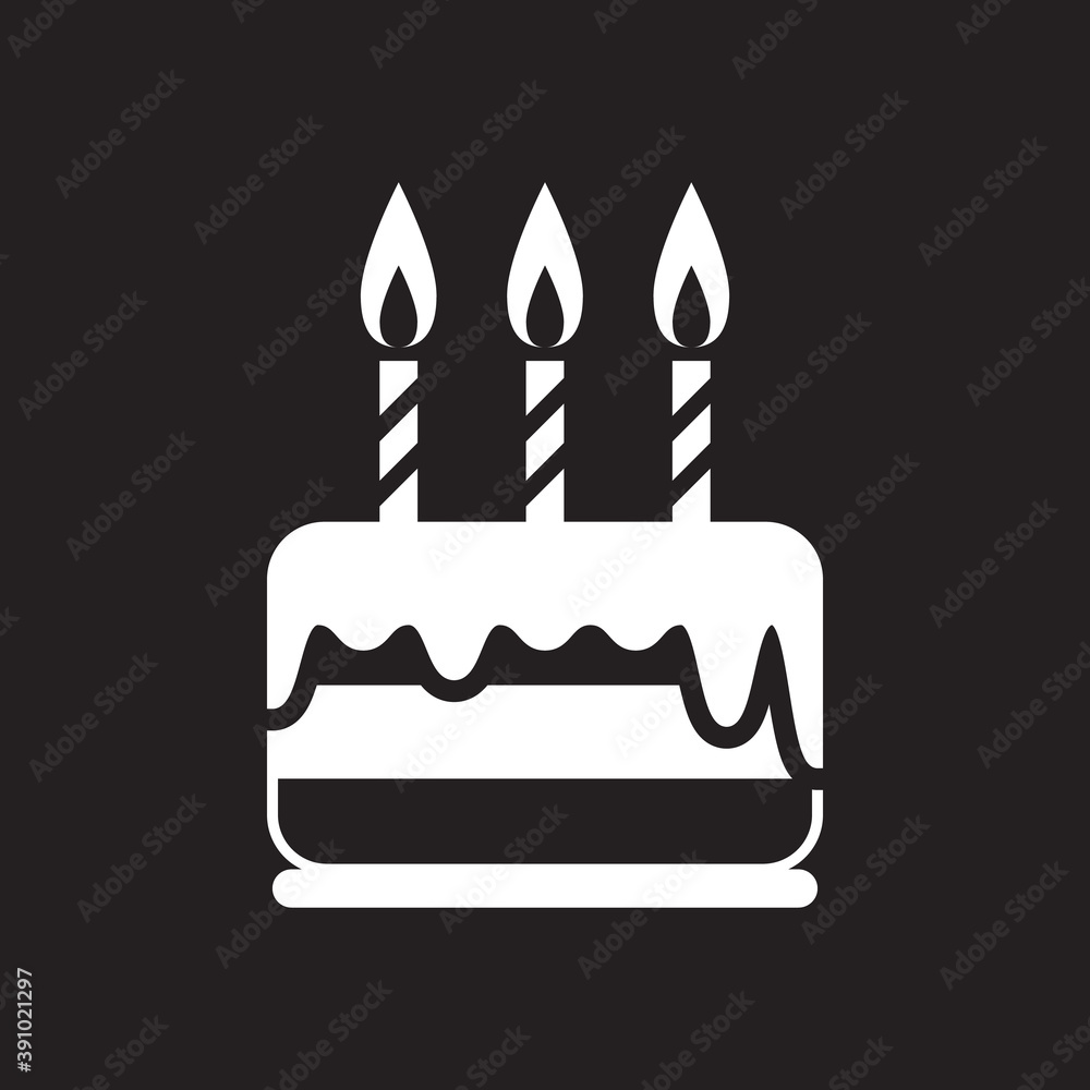 Birthday cake icon, white isolated on black background, vector illustration. Birthday cake icon, white isolated on black background, vector illustration.