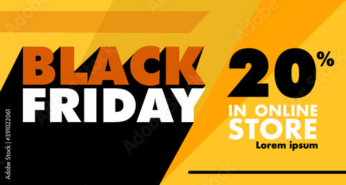 Black Friday banner on yellow background and text 20% off