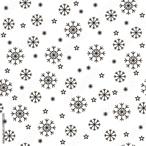 Merry christmas seamless pattern. New year simbol black snowflakes on white. Hand drawn winter background in scandinavian style. Christmas ornament for wrap wallpaper print fabric. Vector illustration