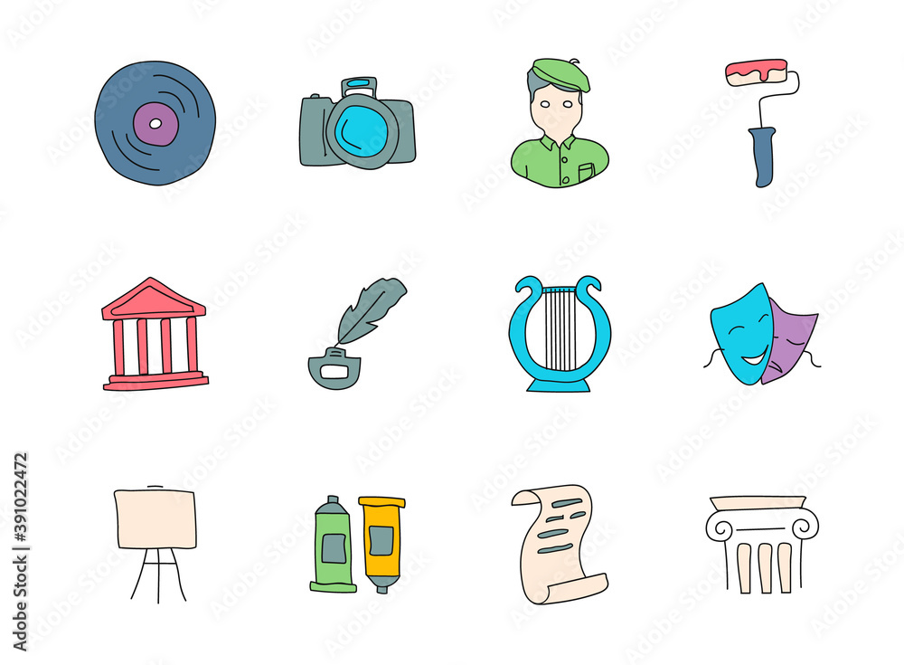 art hand drawn linear vector icons isolated on white background. art ...