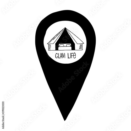 Hand drawn vector glamping illustranion. Landmark. Suitable for postcards, for backgrounds, flyers, decorations, banners, icons. It can be used as a sample for the designer. Eps 10.